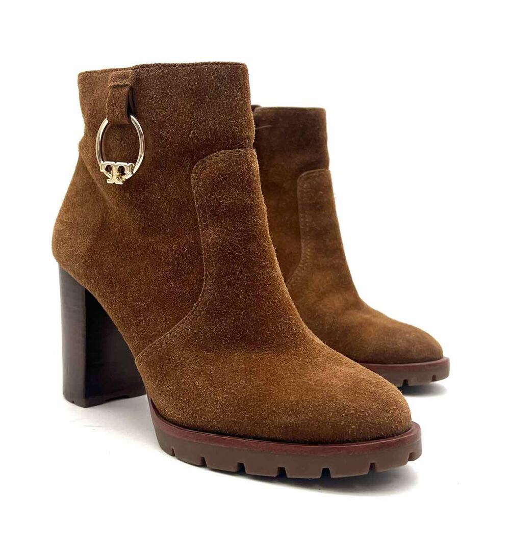 Tory Burch Size 7.5 Cognac/Gold Suede Designer Ankle Boots